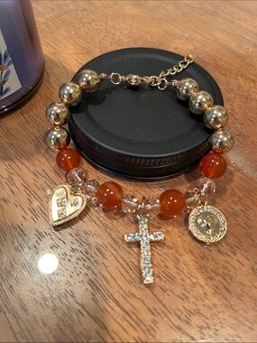 Crystal and Gold Beaded charm Bracelet with Orange Agate Beads